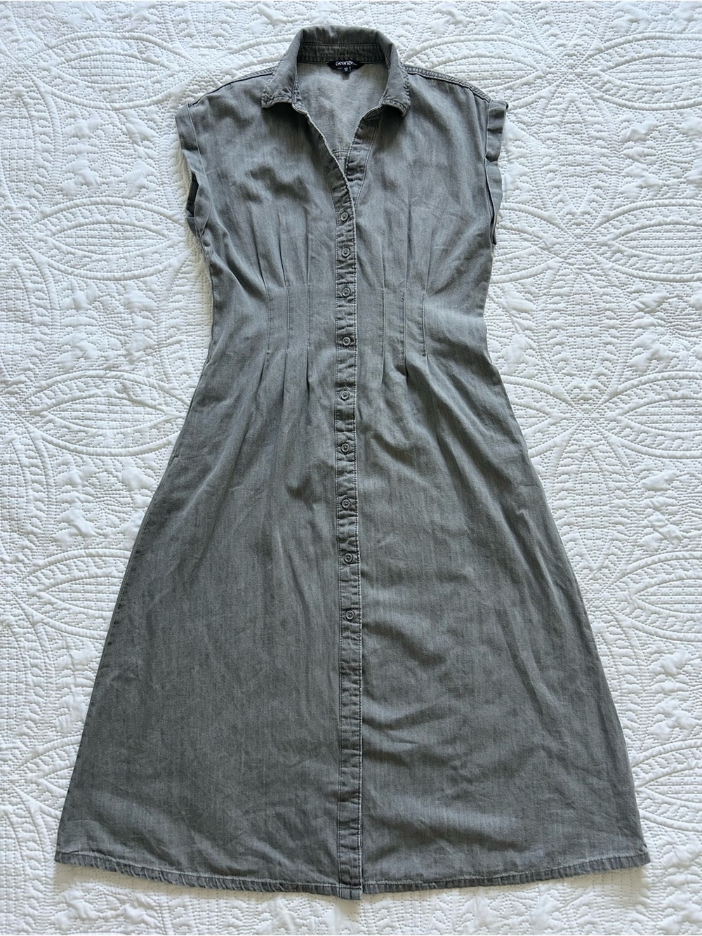 100% Cotton Gray Denim Jean Button Front Shirt Dress Casual Midi